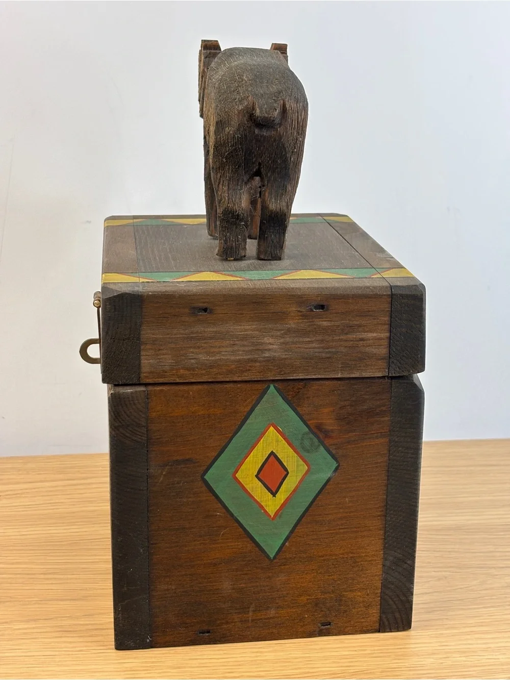 1993 Lloyd-Mann Wooden Moose Top Trinket Box‎ with Painted Geometric Trim